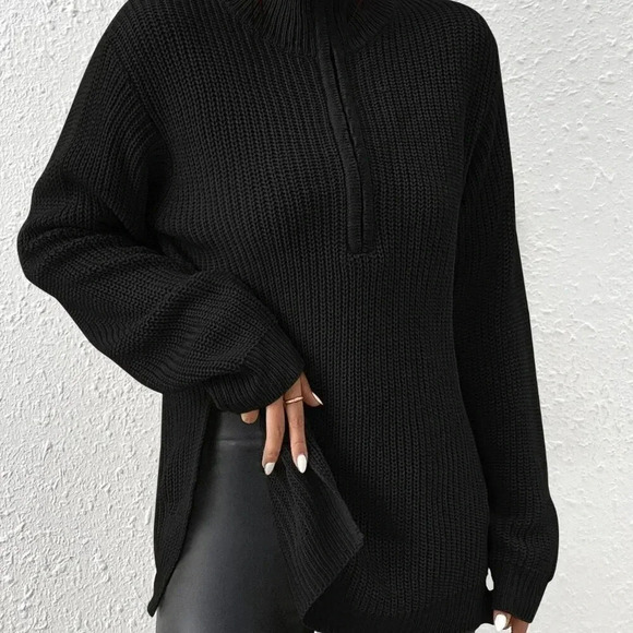 Black Casual Women's Half Zip Drop Shoulder Grain Sweater - Picture 5 of 7